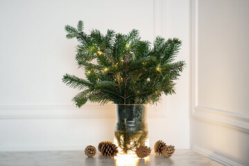 Beautiful fir tree branches decorated with Christmas lights and cones on table near white wall