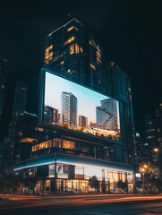 billboard mockup in a busy urban setting at night