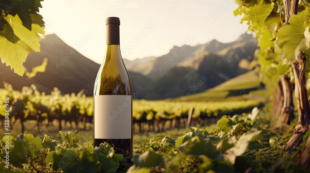 Poster a wine bottle mockup placed in front of a lush vineyard landscape under the daylight, creating an id