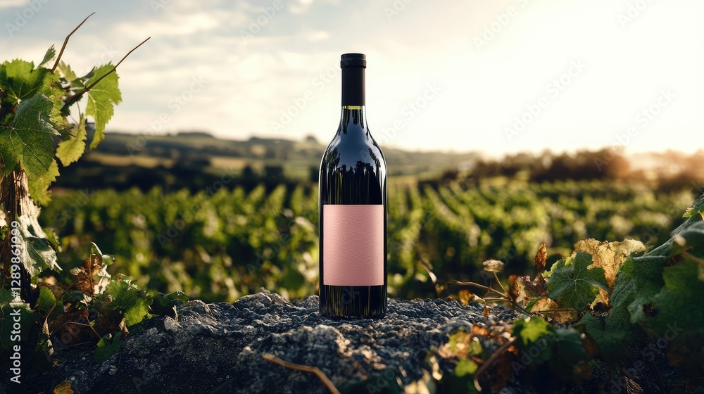 Aufkleber a wine bottle mockup placed in front of a lush vineyard landscape under the daylight, creating an id