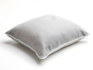 A grey square pillow is displayed on a white surface