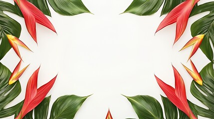Vibrant Red and Green Tropical Leaves Frame on White Background