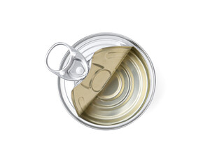 One open tin can isolated on white, top view