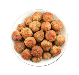 Tasty cooked meatballs with green onion in bowl isolated on white, top view