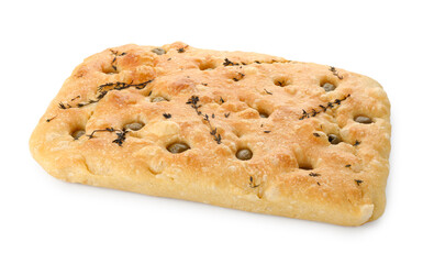 Delicious focaccia bread with olives and thyme isolated on white