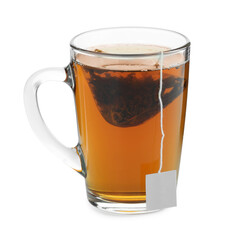 Tea bag in glass cup with hot drink isolated on white