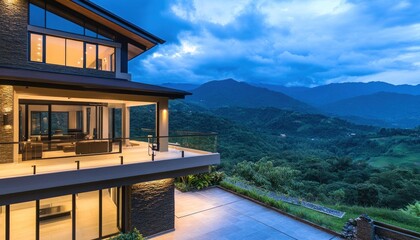 Fototapeta premium Modern House Exterior With Mountain View At Dusk Featuring Lush Green Landscape