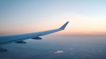 Obraz premium Airplane Wing Over City at Sunset