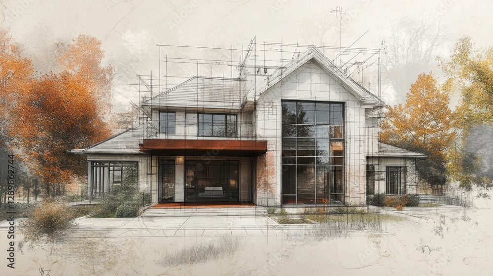 Poster An architectural blueprint mockup with a subtle photo effect overlay, showcasing construction and design elements.