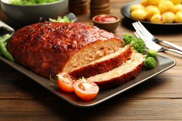 Delicious turkey meatloaf with vegetables served on wooden table, closeup