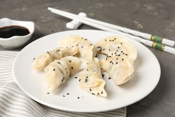 Delicious gyoza dumplings with sesame seeds served on grey table, closeup