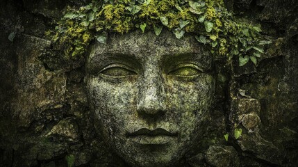 Fototapeta premium An ancient stone face, weathered by the elements, adorned with a crown of fresh, green moss. The juxtaposition of nature and time brings life to the stoic figure.