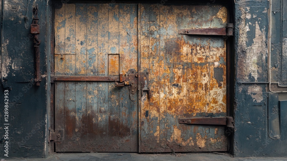 Poster an industrial scene of a weathered metal gate with rusty hinges, the peeling paint and age worn look