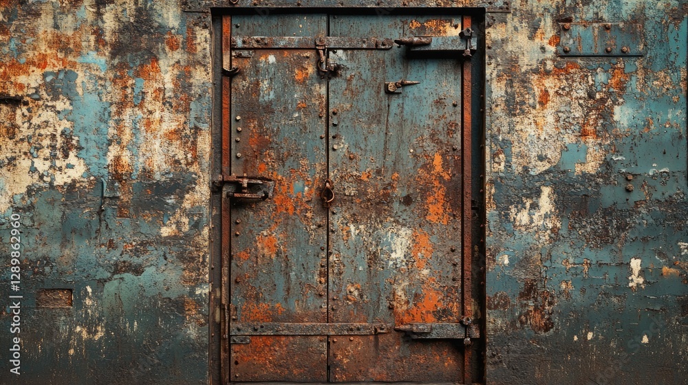 Poster an industrial scene of a weathered metal gate with rusty hinges, the peeling paint and age worn look