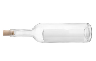 Corked glass bottle with rolled letter isolated on white
