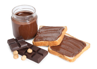 Tasty sandwiches with chocolate butter, pieces of chocolate and hazelnuts isolated on white