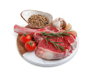 Piece of raw beef meat, spices and tomatoes isolated on white