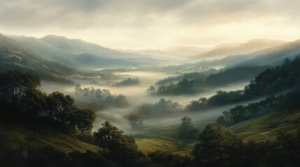 A beautiful misty landscape of the countryside with mountains