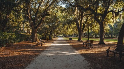 Fototapeta premium Serene park pathway lined with ancient oak trees, bathed in golden sunlight. Autumn leaves carpet the ground. Tranquil, peaceful atmosphere.