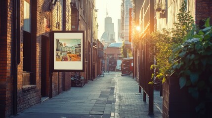 Fototapeta premium An outdoor mockup of a poster displayed on a brick wall in a lively city setting, perfect for creative advertising and showcasing designs.