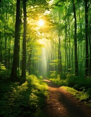 Obraz premium Green Forest with Morning Sunlight