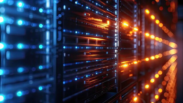 Futuristic Data Server Room with Illuminated Network Connections and High-Tech Infrastructure