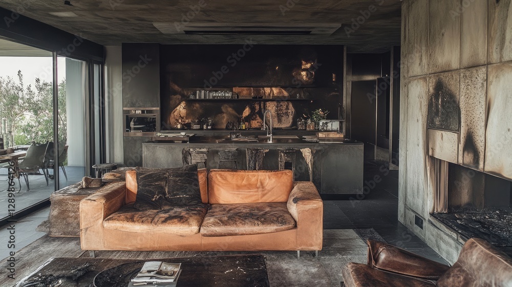 Poster charred furniture and blackened walls mark the aftermath of a devastating fire in this modern open-p