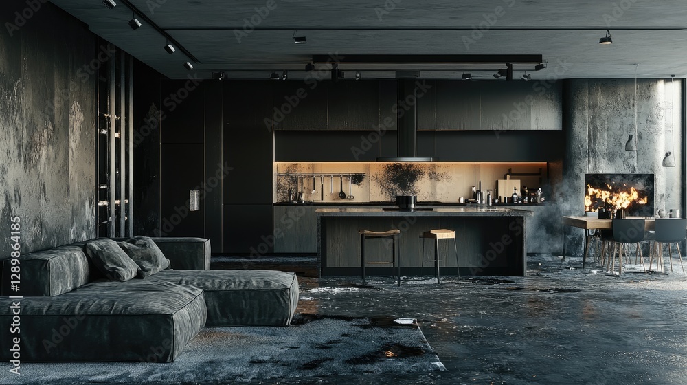 Poster charred furniture and blackened walls mark the aftermath of a devastating fire in this modern open-p