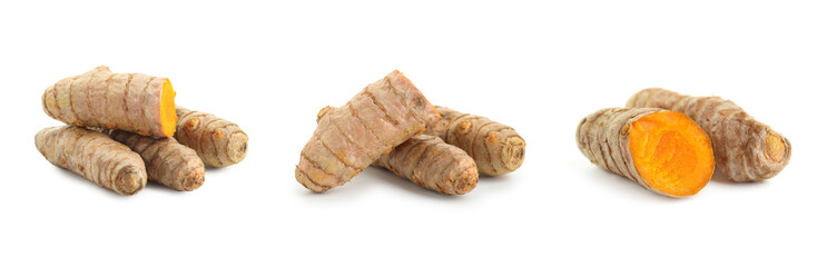 Set of turmeric roots isolated on white