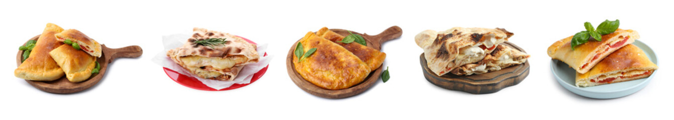 Different delicious calzones isolated on white, set