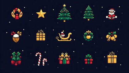 Various Festive Christmas Themed Icons Against Dark Blue Background