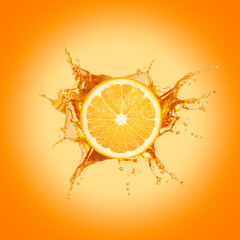 Fresh orange and splashing juice on bright background