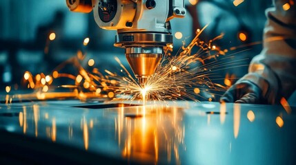 A laser cutter engraves metal sheets, creating brilliant sparks. A dedicated factory worker oversees this precision process, showcasing the innovative manufacturing technology advancing the industry
