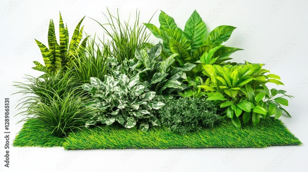 Poster diverse artificial plants and grass panels arranged for design projects, showcasing various types of