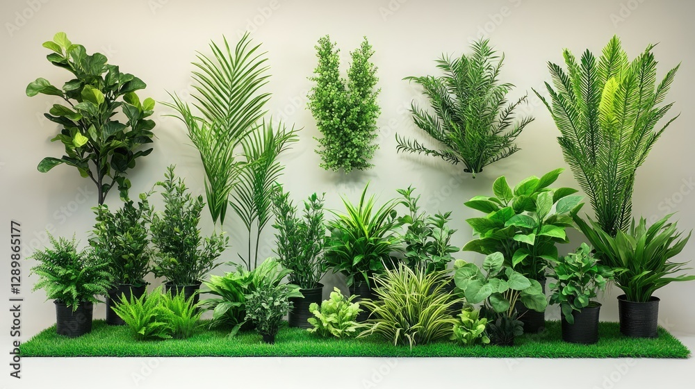 Poster diverse artificial plants and grass panels arranged for design projects, showcasing various types of