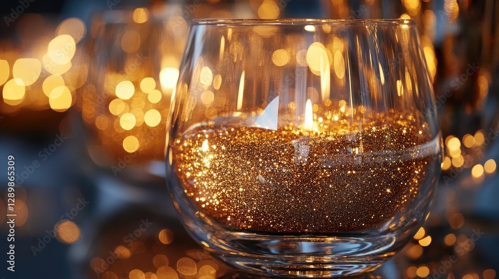 Poster gold glitter swirls in a clear glass vase, reflecting light and creating a shiny, decorative piece t