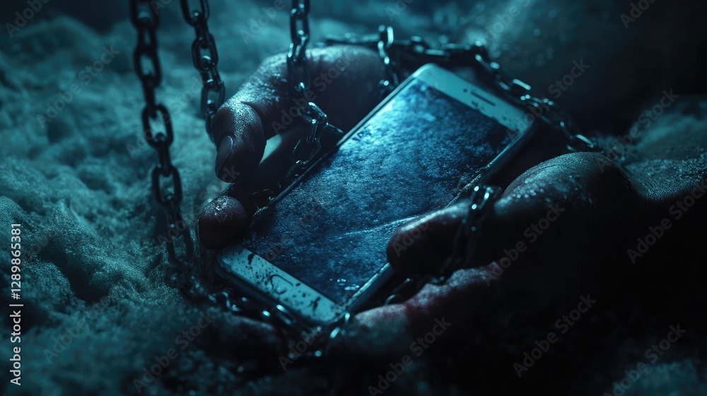Aufkleber Hands chained around a smartphone in a dark, surreal environment, capturing the metaphor of digital addiction and the isolation it creates.