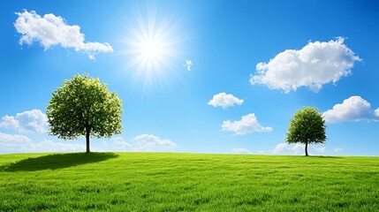 Obraz premium Two Lush Green Trees on a Sunny Grassy Field under a Blue Sky