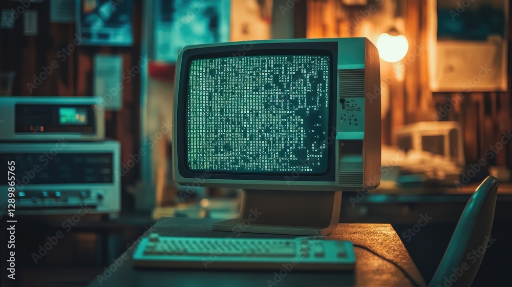Poster In a tech lab, an old computer screen glows with programming code, illustrating the intricacies of early technology in a retro design setting.