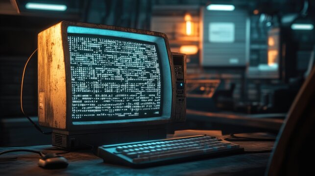 In a tech lab, an old computer screen glows with programming code, illustrating the intricacies of early technology in a retro design setting.