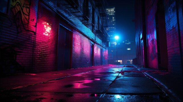Neon lit brick texture with red and blue accents, urban nightlife vibes, intense neon lighting, street art background, wallpaper 