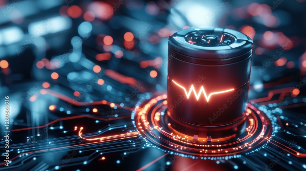 Poster futuristic digital circuit board with glowing neon pulse and dynamic waves of energy power and techn