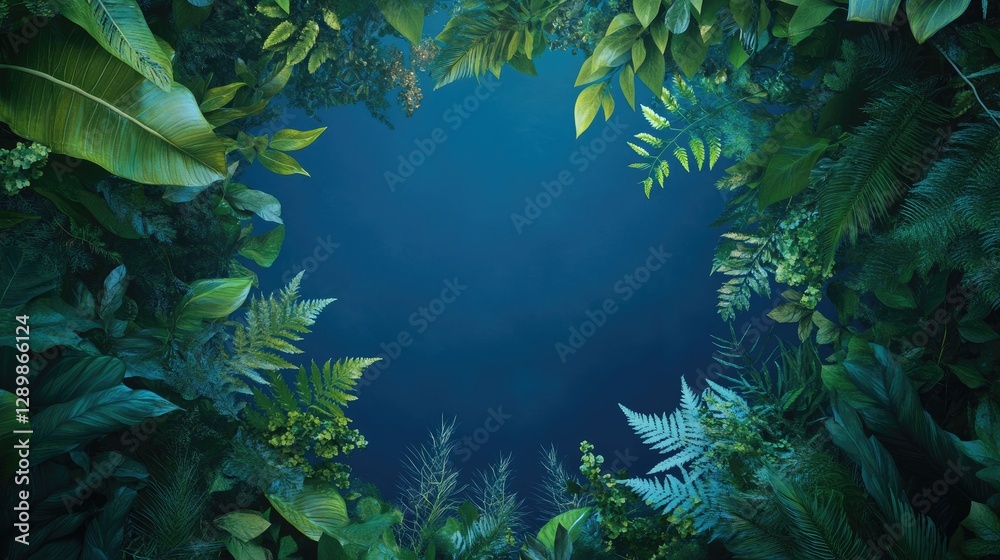 Poster lush green foliage intertwines to form a natural frame, set against a deep blue backdrop, evoking a 