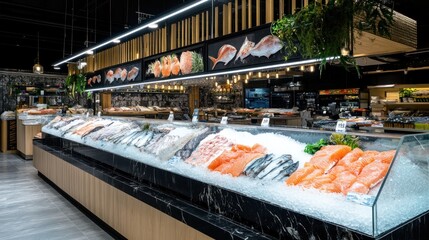 Fresh seafood display in a modern supermarket.  A variety of fish and salmon are displayed on ice in a glass-fronted refrigerated counter.  Well-lit, clean, and organized.