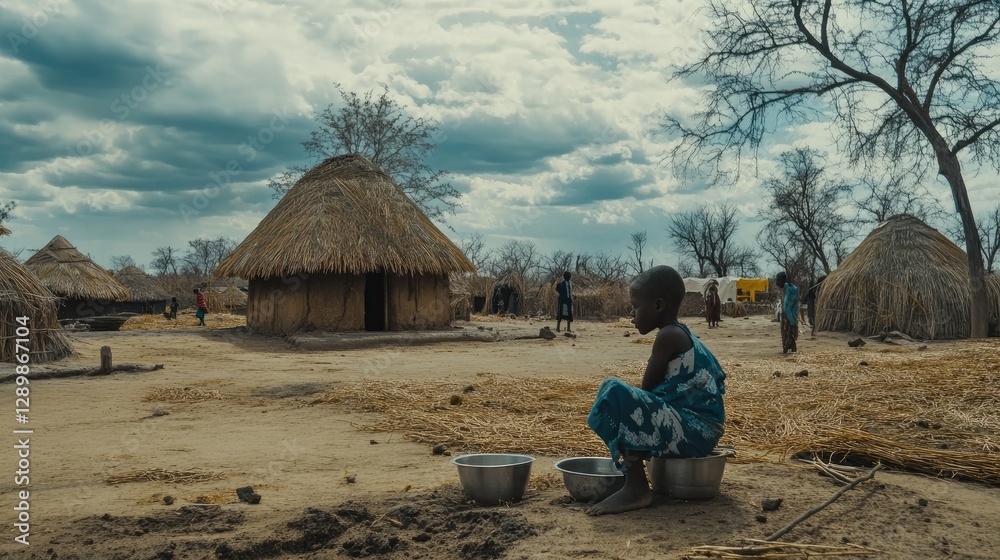 Poster the aftermath of a devastating drought in africa, with empty food supplies and barren land, symboliz