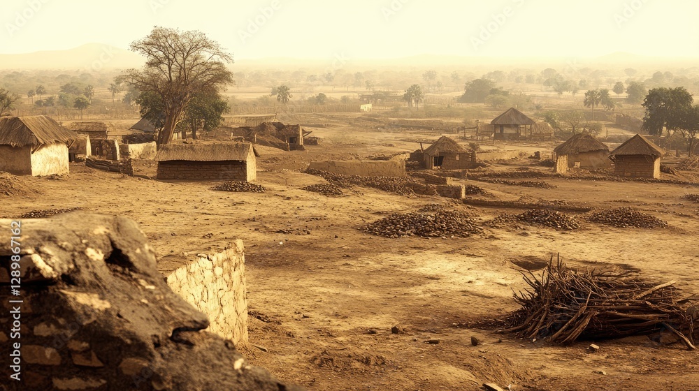Poster the aftermath of a devastating drought in africa, with empty food supplies and barren land, symboliz