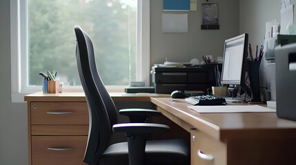 Fototapeta premium Modern Home Office Workspace with Wooden Desk and Ergonomic Chair