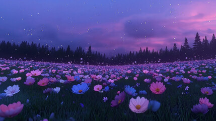Twilight Bloom: A breathtaking scene of a meadow filled with vibrant flowers under a dreamy twilight sky, evoking feelings of peace, tranquility, and wonder.