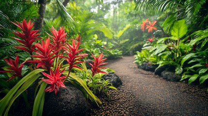 Vibrant Red Bromeliad Flowers and Lush Greenery Along a Garden Path