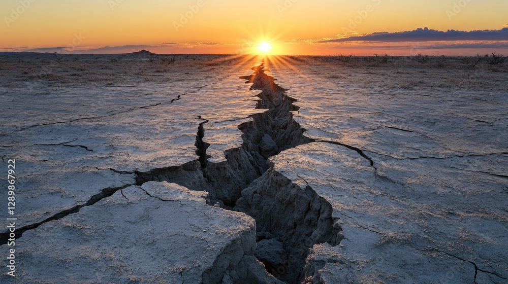 Poster the ground cracks open during an earthquake, creating deep fissures that reveal the force of nature,